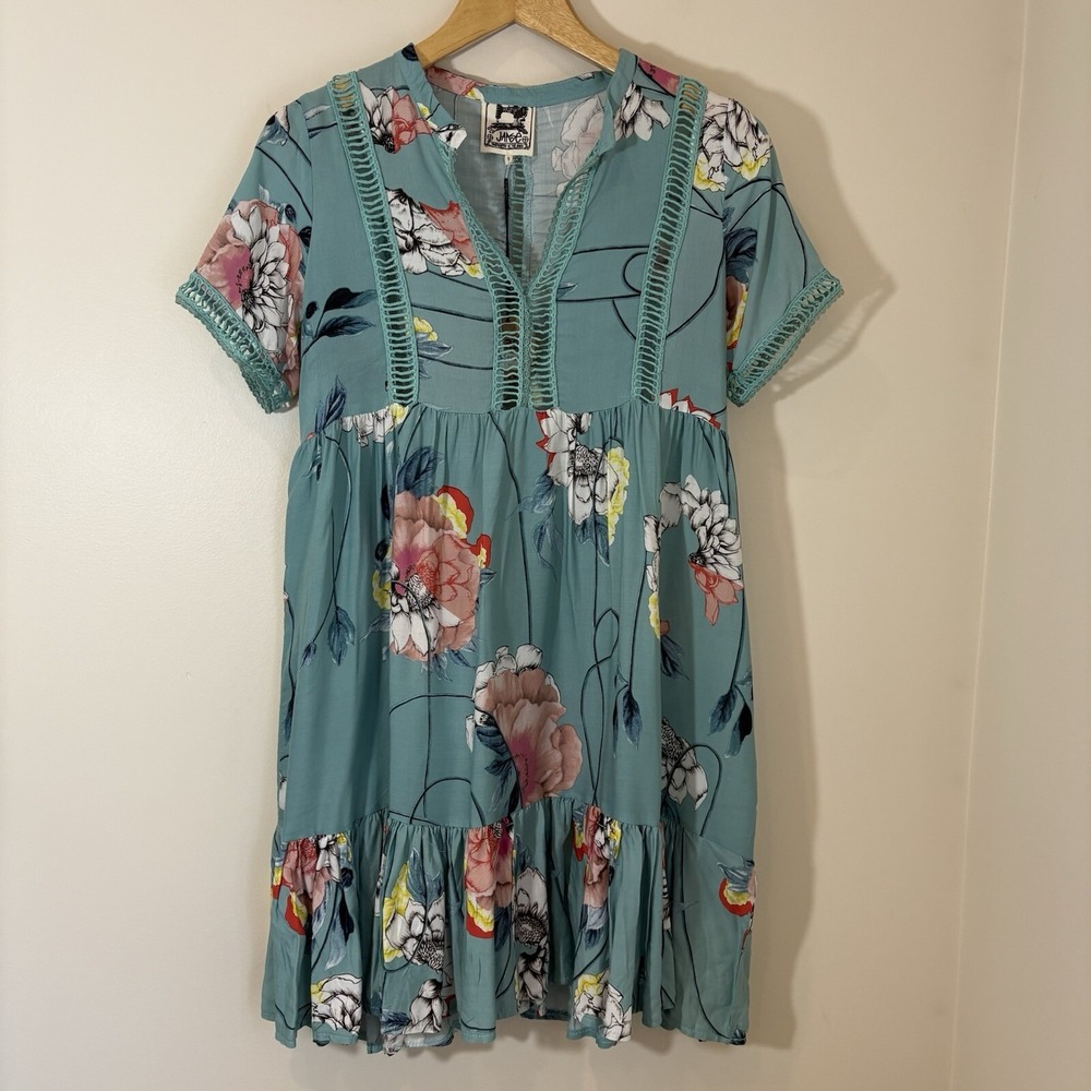 Jaase‎ Womens Blue Floral Dress Size S Ladder Stitch Ruffle Boho Hippie Festival